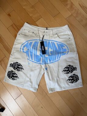Civil Regime Graphic Shorts NWT Mens Cream Blue Logo Streetwear